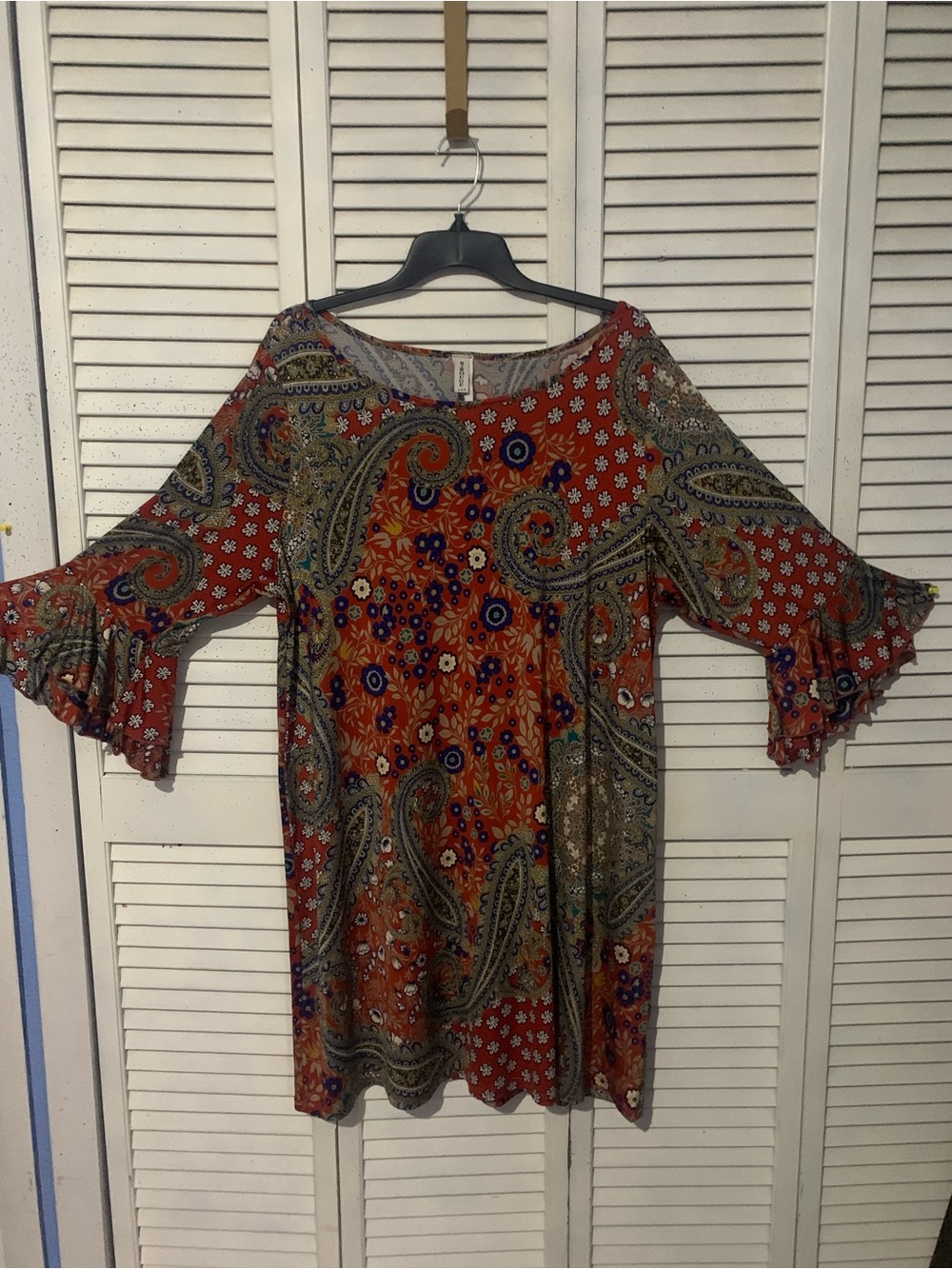 Red Boho Paisley Floral Midi Dress with Ruffled Sleeves